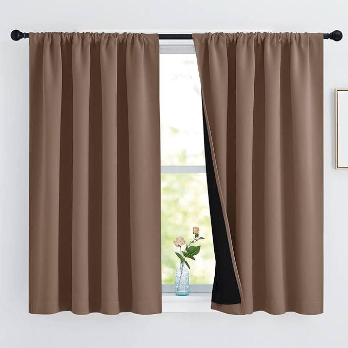 NICETOWN Bedroom Full Blackout Curtain Panels, Super Thick Insulated Window Covers, Keeping Out Cold Air and Heat 100% Blackout Blinds with Black Liner (Cappuccino, Set of 2 PCs, 52 by 54-inch)