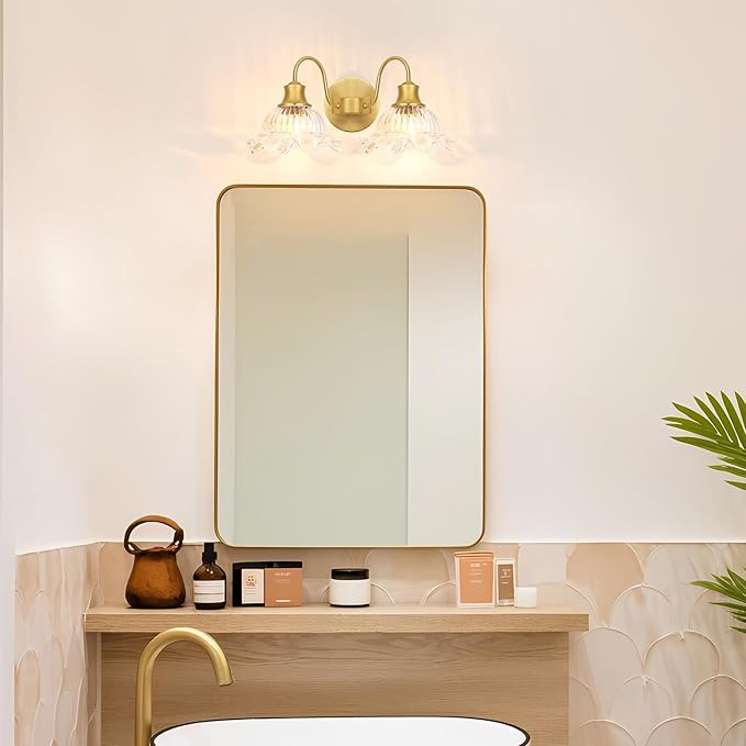 Vintage Vanity Light 2-Light, Gold Bathroom Light Fixture with Crystal Glass Shades, Wall Sconce for Bathroom Mirror Lighting, Brass Wall Sconce Decor for Powder Rooms, Dressing Areas