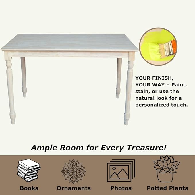IC International Concepts, Solid Wood Top Table - Turned Legs, Solid Wood, Real Parawood, 30" W x 48" D x 30" H, Easy Assembly, DIY, Paint or Stain Your Way, Unfinished