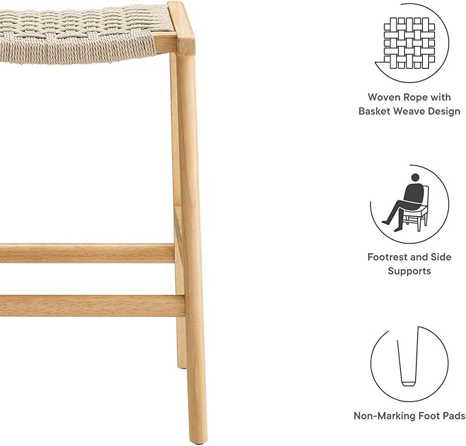 Modway Saoirse Woven Rope Wood Counter Stool - Set of 2 in Natural Natural