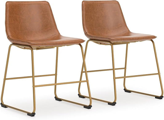 Signature Design by Ashley Lexadine Industrial Faux Leather Upholstered 30" Bar Height Dining Chair, Set of 2, Light Brown & Gold