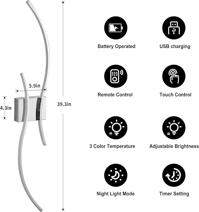 Battery Operated Wall Sconces Set of Two with Remote Control, Battery Wall Light, Stepless Colors 3000K-6000K & Dimming, Chrome Rechargeable Wall Sconces for Living Room, Hallway, Bedroom, 39.3 Inch
