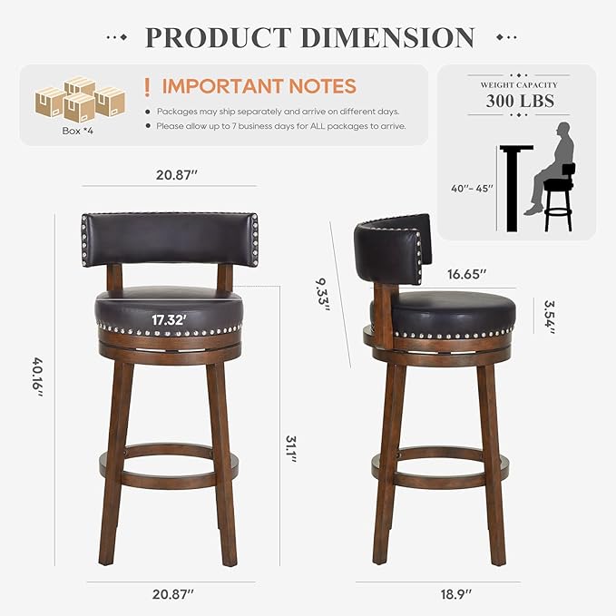 COLAMY Swivel Bar Stools Set of 4, 30 Inch Swivel Counter Height Stools, Modern Upholstered Wooden Barstools with Back for Kitchen Island Dining Room Bar, Dark Brown