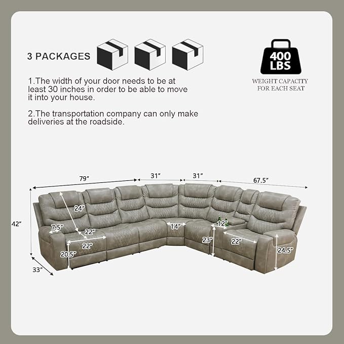 Power Recliner Sectional Sofa with LED Light for Living Room, Grey Air Leather Reclining Sofa Corner Sectional Couches Set, Cup Holder, Storage Console for Home Theater Seating, Grey