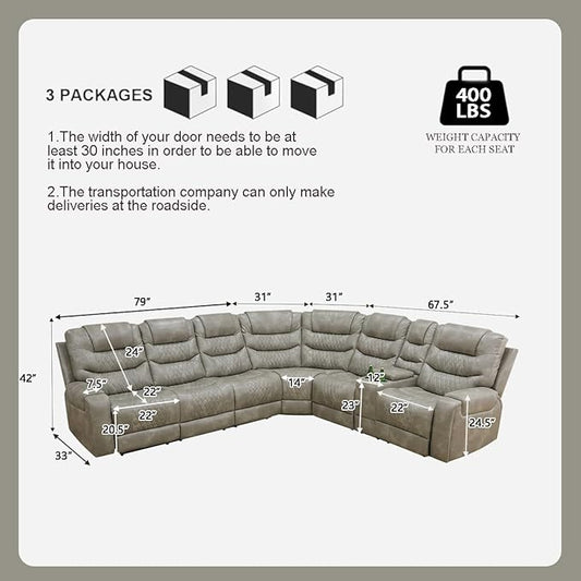 Power Recliner Sectional Sofa with LED Light for Living Room, Grey Air Leather Reclining Sofa Corner Sectional Couches Set, Cup Holder, Storage Console for Home Theater Seating, Grey