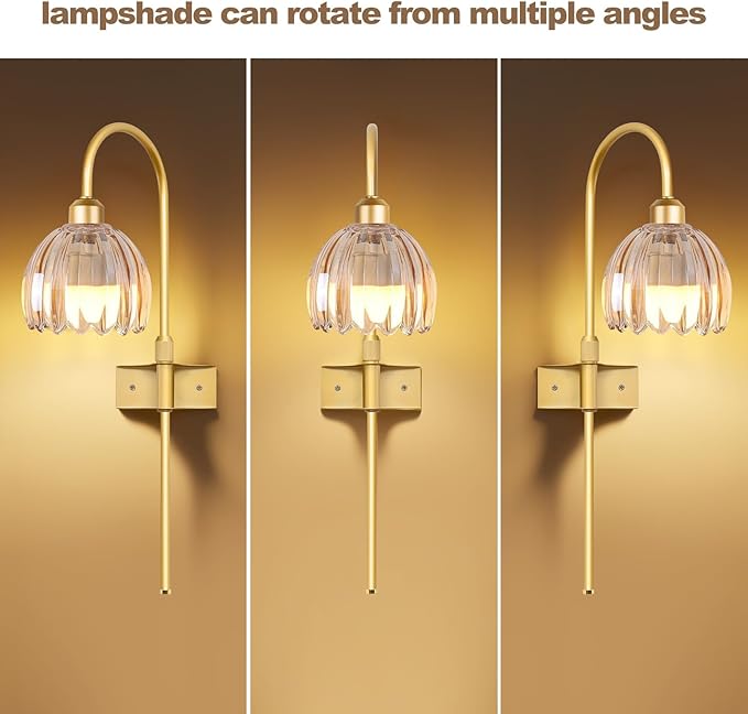 Vintage Battery Operated Wall Sconces Set of Two, Flower Wireless Rechargeable Battery Powered Wall Lights Lamp with Remote Control & Green Glass Lampshade,Gold Wall Sconces for Bedroom Living Room