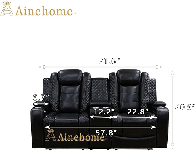 A Ainehome Power Leather Recliner Sofa Set with LED Lights, Recliner Sofa Sectional Couches for Living Room, Reclining Sofa, loveseat, Chair with USB Port/Storage Console/Cup Holder(Black,loveseat)