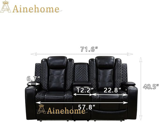A Ainehome Power Leather Recliner Sofa Set with LED Lights, Recliner Sofa Sectional Couches for Living Room, Reclining Sofa, loveseat, Chair with USB Port/Storage Console/Cup Holder(Black,loveseat)