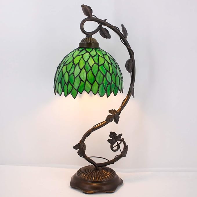 WERFACTORY Tiffany Style Lamp Green Wisteria Stained Glass Table Desk Reading Light, Metal Leaf Base 8X10X21 Inches Decor Small Space Bedroom Home Office S523 Series