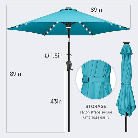 FLAME&SHADE 7.5 ft Solar Powered Outdoor Market Patio Table Umbrella with LED Lights and Tilt, Aqua Blue