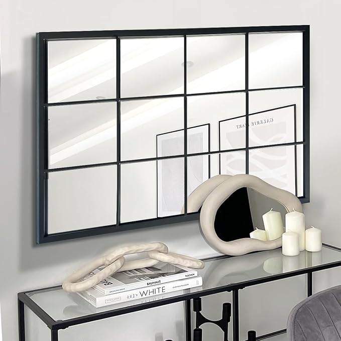 Balck Rectangle Mirror,Window Pane Grid Mirror,Minimalism Wall Mounted Mirror for Entryway,Hallway,Living Room,Fireplace 24"X36"