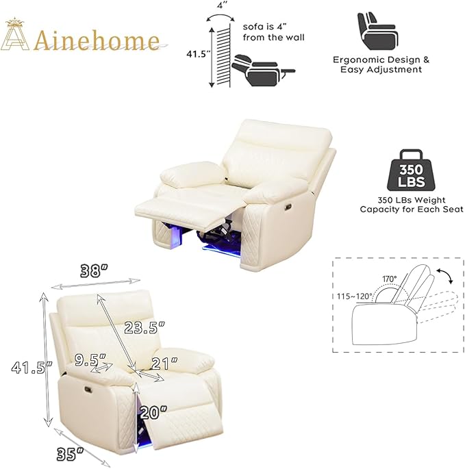 A Ainehome Power Theater Recliner Chair, Electric Leather Reclining Sofa Couch Chairs for RV, Single Recliner for Living Room, Reclining Chair with Arm Storage, Bedroom, Lounge, Office
