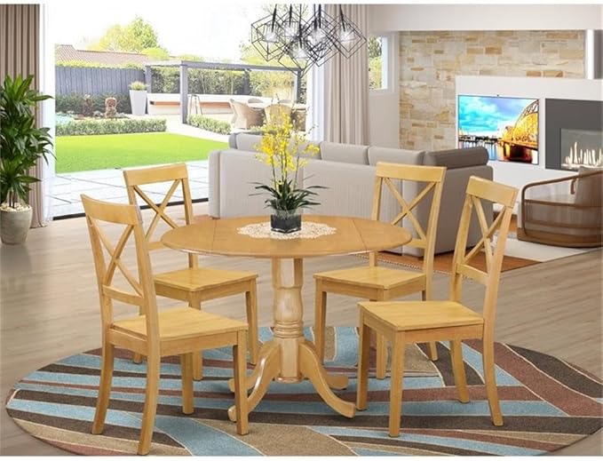 East West Furniture DLBO5-OAK-W 5 Piece Dining Set Includes a Round Dining Room Table with Dropleaf and 4 Kitchen Chairs, 42x42 Inch, Oak