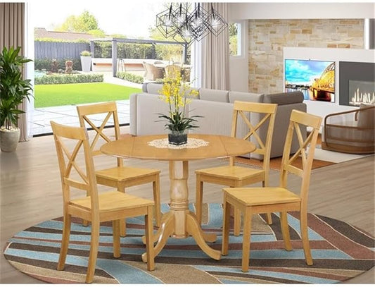 East West Furniture DLBO5-OAK-W 5 Piece Dining Set Includes a Round Dining Room Table with Dropleaf and 4 Kitchen Chairs, 42x42 Inch, Oak
