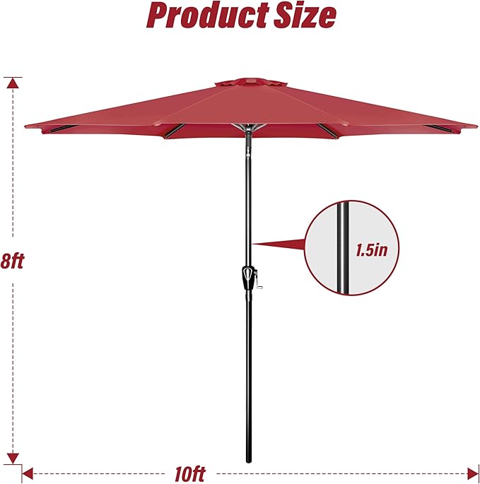 Simple Deluxe 10FT Outdoor Patio Umbrella Table Market Umbrella with Push Button Tilt and Crank, 8 Sturdy Ribs, UV Protection Waterproof for Garden, Lawn, Deck, Backyard, Pool, Red