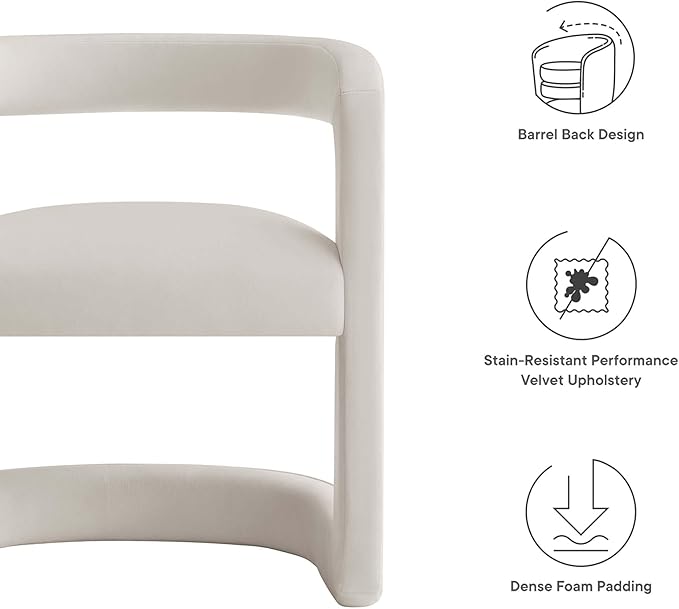 Modway Winslow Stain-Resistant Performance Velvet Dining Chair in Alabaster - Open Back Barrel Armchair - Upholstered Dining Chair - Cozy Reading Chair or Velvet Vanity Chair