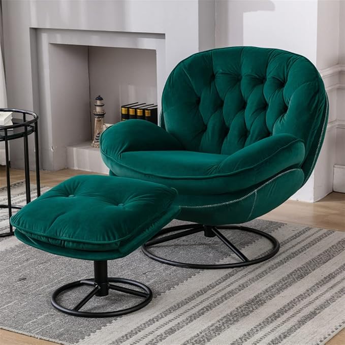 Velvet Swivel Accent Chair with Ottoman Set, Modern Lounge Chair with Metal Base Frame & Footrest, Comfortable Single Leisure Sofa Chair Reading Chair with 360 Degree Swiveling for Living Room, Green