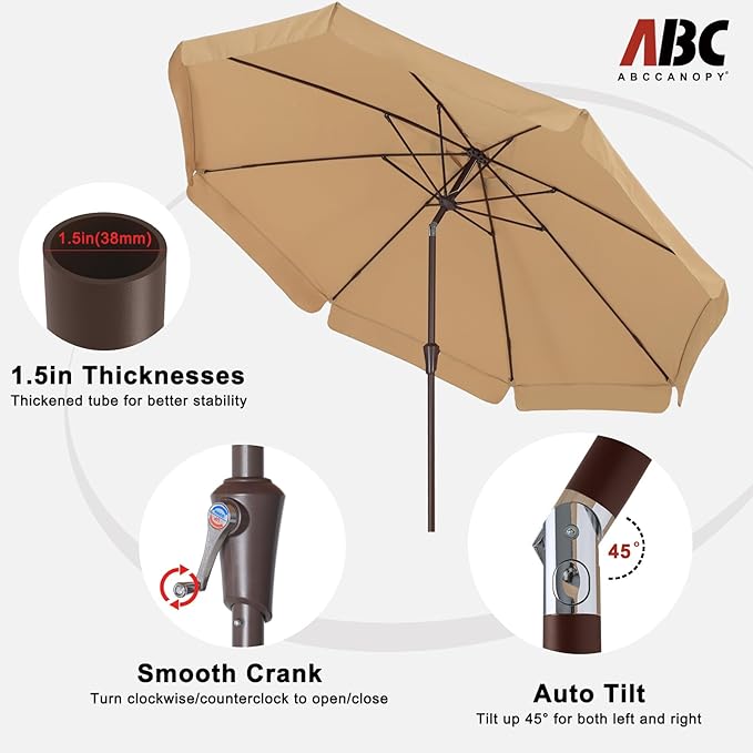 ABCCANOPY 9ft Scalloped Patio Umbrella, Outdoor Table Umbrella with Tilt and Crank, Fiberglass Ribs Deck Umbrella for Patio, Pool, Garden, Picnic (Khaki)