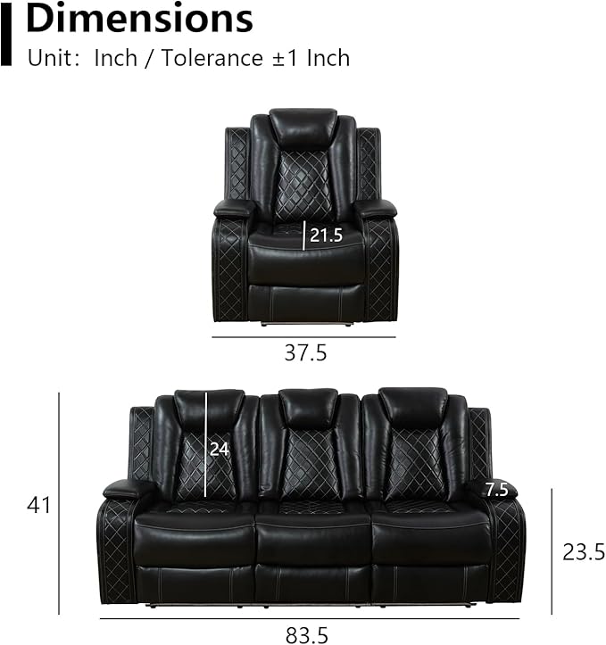 Power Leather Recliner Sofa Set with LED Light,Reclining Sofa and Chair Set with USB,Leather Couch Set for 3 Seater Couch with Coffee Table/Single Recliner 2 PCS for Living Room(Black,3+1)