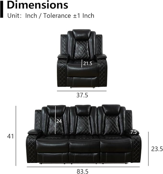 Power Leather Recliner Sofa Set with LED Light,Reclining Sofa and Chair Set with USB,Leather Couch Set for 3 Seater Couch with Coffee Table/Single Recliner 2 PCS for Living Room(Black,3+1)