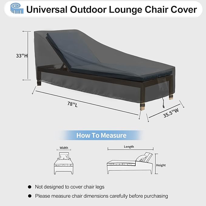 OutdoorLines Outdoor Waterproof Patio Chaise Lounge Chair Cover - UV Resistant Lounger Covers Heavy Duty Weatherproof Patio Sofa Furniture Covers, 1 Pack, 78Wx35.5Dx33H Inches, Black