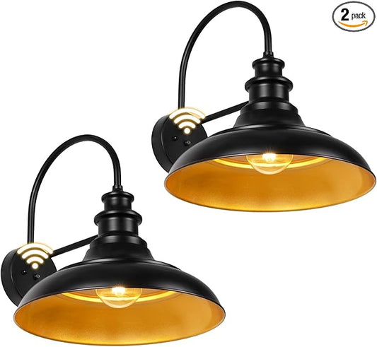 Dusk to Dawn Sensor Outdoor Barn Light Fixtures, 16 Inch Dome Farmhouse Outdoor Wall Sconces, Rustic Exterior Wall Mount Lights, Industrial Black Gold Wall Lanterns for Porch, 2 Pack