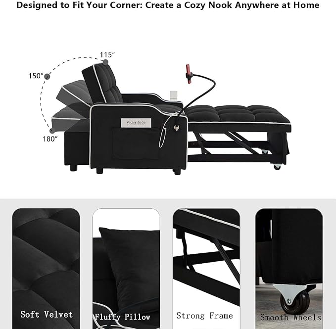 Convertible Sofa Bed, 3 in 1 Futon Sofa Bed with USB Charging Ports, Cup Holder, Phone Stand & Pocket, Modern Upholstered Sleeper Sofa for Living Room, Apartment or Small Space (Black)