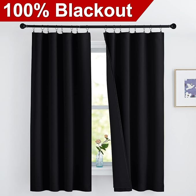 NICETOWN Complete 100% Blackout Curtains, Thermal Insulated & Energy Efficiency Window Draperies with Black Liner, Noise Reducing Drapes, Kids (Black, 42 inches W by 63 inches L, Double Panels,Adult)