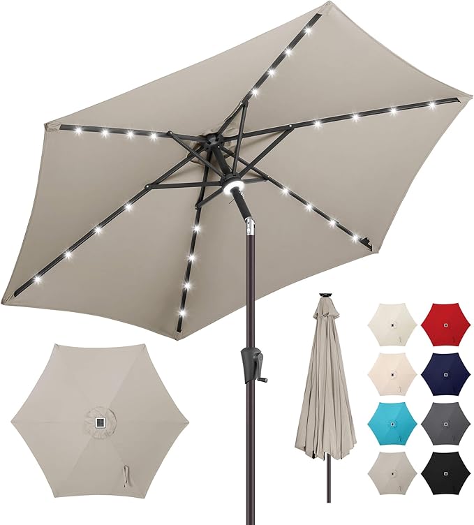 7.5FT Solar Umbrella Outdoor - Lighted Solar Patio Umbrella with 24 LED Lights Waterprool UV Protection, Table Umbrella with Tilt for Pool, Porch, Garden, Deck, Backyard (Taupe)