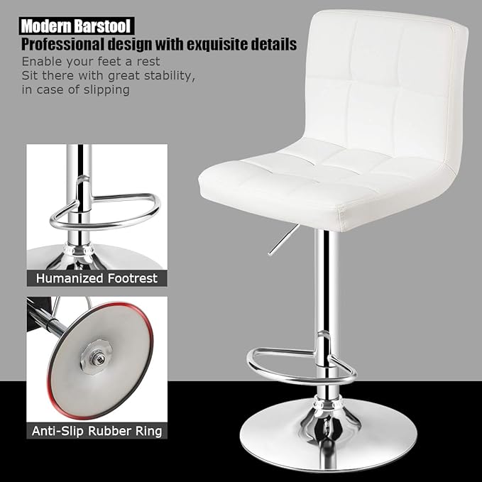 COSTWAY Adjustable Bar Stools Set of 4, Modern Swivel PU Leather Bar Chair with Backrest, Soft Cushioned Seat, Footrest, Sturdy Metal Frame, Comfortable Barstools for Kitchen Island, Pub, White