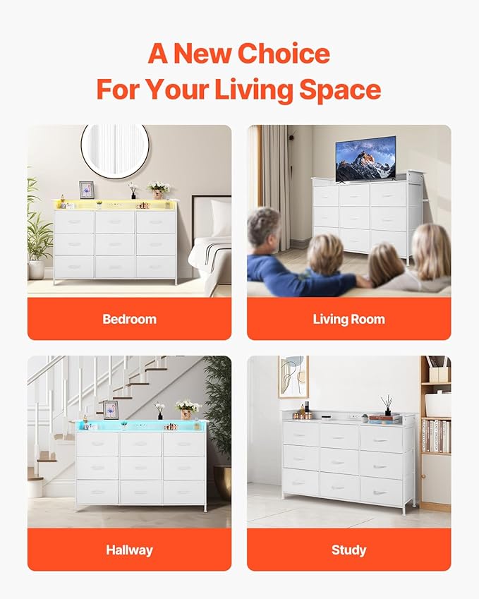 VEVOR 9 Drawer Dresser, Tall Drawer Dresser with Fabric Bin, Closet Storage Drawers with Sturdy Metal Frame, LED Lights & Built-in Outlet, Fabric Storage Tower for Bedroom, Hallway, Closet, White
