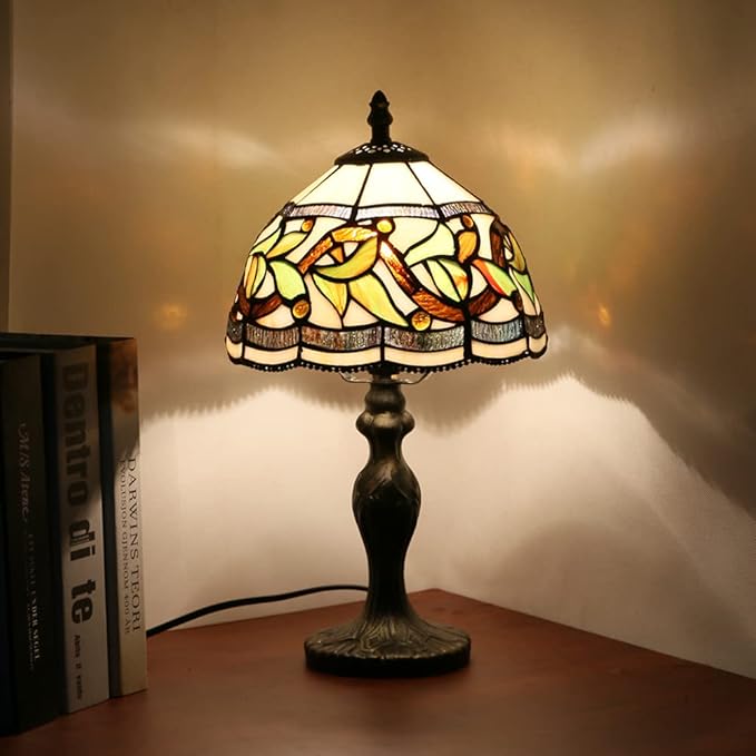 MIAOKE Stained Glass Table Lamp,Stained Glass Crystal Bead Style Table Light, Handmade Desk Bedside Night Light, Antique Art Craft Gifts Lover Living Room Bedroom Bookcase (Lace Baroque)