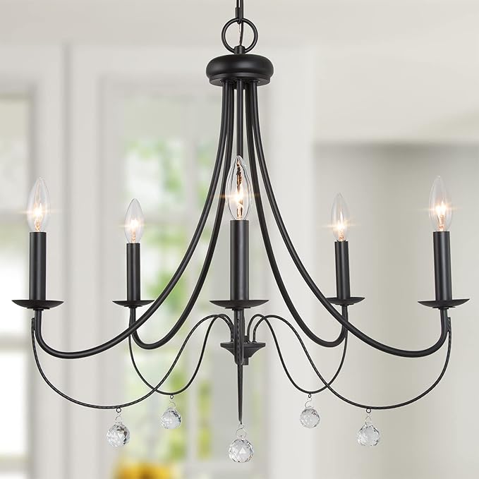 LOG BARN Farmhouse Chandelier, 5-Light Black Chandelier, Modern Dining Room Light Fixture with Crystal Pendants, 24.5” Dia