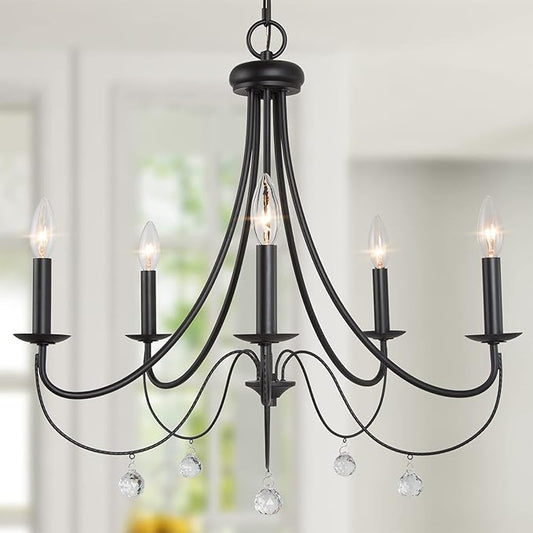 LOG BARN Farmhouse Chandelier, 5-Light Black Chandelier, Modern Dining Room Light Fixture with Crystal Pendants, 24.5” Dia