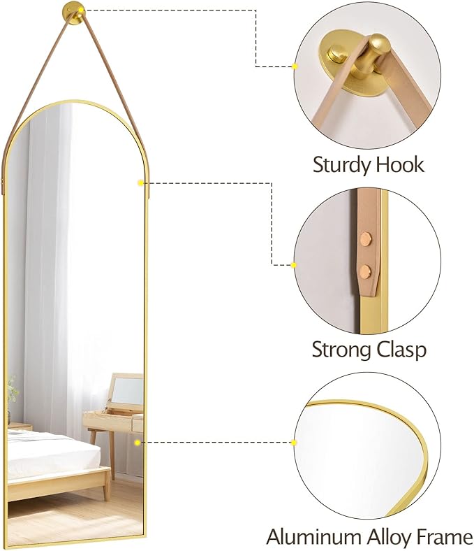 HARRITPURE 16"x48"Arched Mirror with Hanging Leather Strap Full Length Mirror Aluminum Frame Wall-Mounted Arch Hanging Mirrors for Bathroom Vanity Living Room Bedroom Entryway, Gold