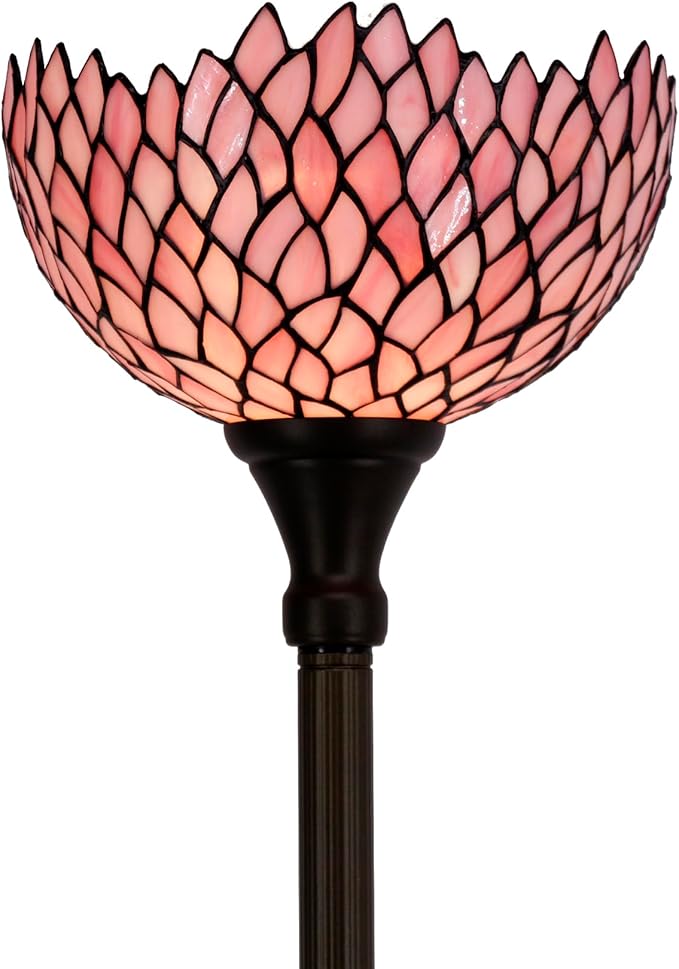 WERFACTORY Tiffany Floor Lamp Pink Stained Glass Wisteria Light 12X12X71 Inches Pole Torchiere Standing Corner Torch Uplight Decor Bedroom Living Room Home Office S523P Series