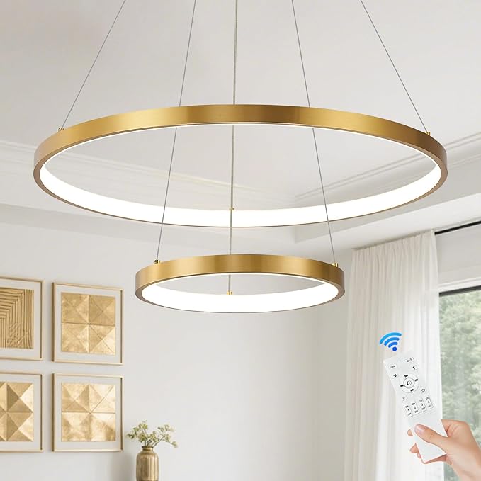 Gold LED Ring Chandeliers Modern 2-Ring Chandelier Dimmable Flush Mount Pendant Light Fixture Remote Control Contemporary Pendant Chandelier for Dining Room Bedroom Foyer (23.6"+11.8")