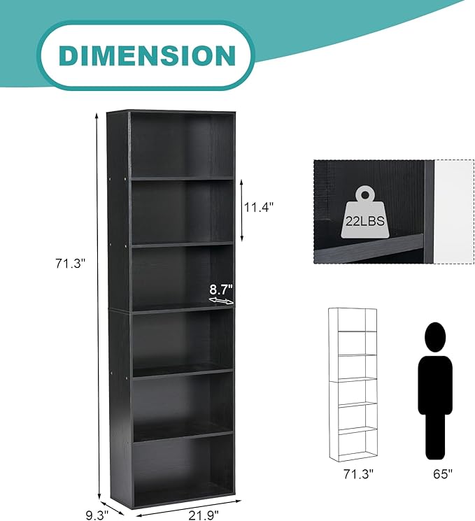 71.5" Tall Bookshelves and Bookcases Set of 2, 6 Tier Display Storage Shelves Home Decor Furniture for Home Office, Living Room, Bed Room (Black, 21.9" Wide)