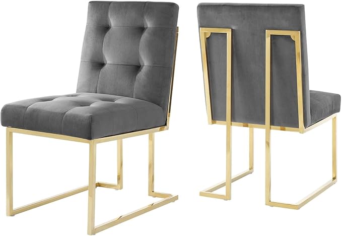 Modway Privy Stainless Steel Performance Velvet Dining Chair Set of 2, Gold Charcoal