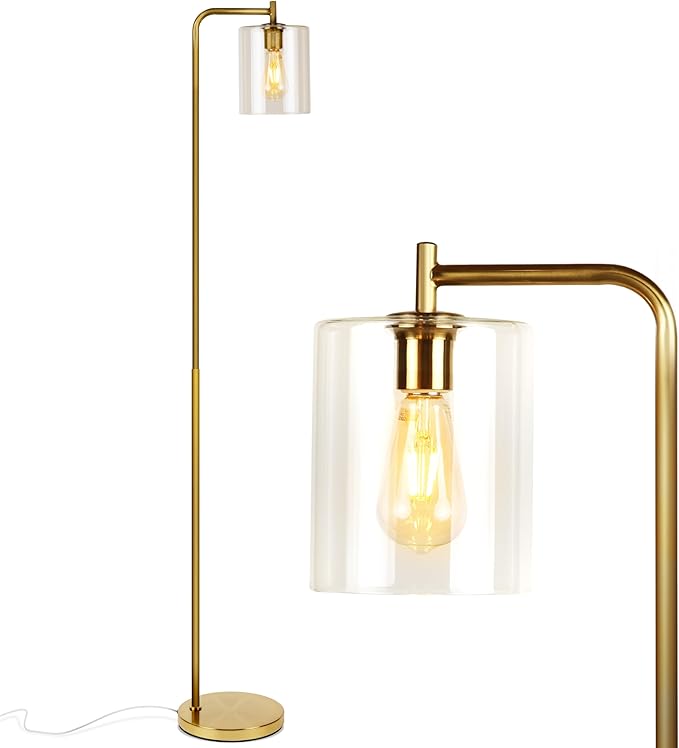 Brightech Elizabeth LED Floor lamp, Tall Lamp with Glass Shade & Edison Bulb, Industrial Lamp for Living Rooms & Offices, Vintage Standing Lamp for Bedroom in Farmhouse or Rustic Style - Gold