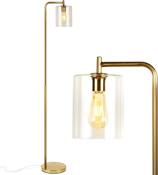 Brightech Elizabeth LED Floor lamp, Tall Lamp with Glass Shade & Edison Bulb, Industrial Lamp for Living Rooms & Offices, Vintage Standing Lamp for Bedroom in Farmhouse or Rustic Style - Gold