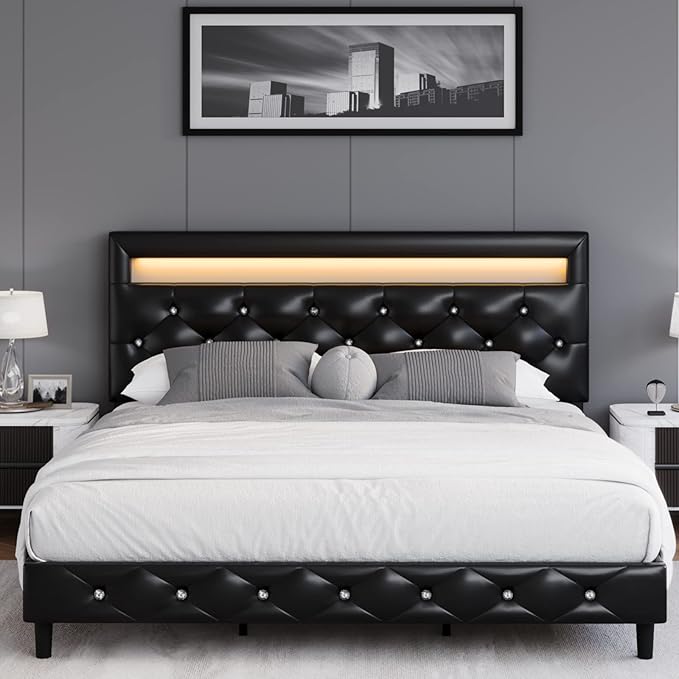 Keyluv Modern Upholstered Queen Bed Frame with LED Lights, Faux Leather Low Profile Platform Bed Frame, Adjustable Crystal Button Tufted Headboard, Strong Wood Slat Support, Easy Assembly, Black