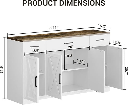 GAOMON Buffet Cabinet with Drawers, 55inch Wood Coffee Bar Large Sideboard Buffet Storage Cabinet with Shelves and Doors for Kitchen Dining Living Room,White/Rustic