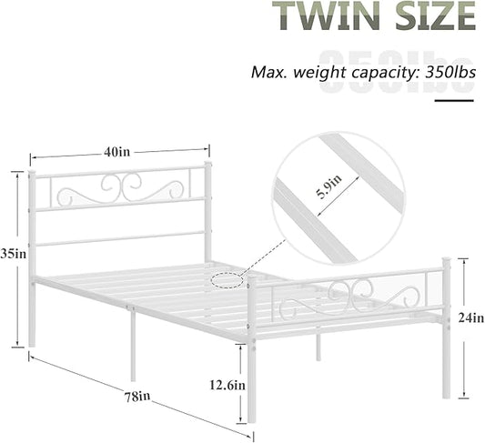 VECELO Twin Size Bed Frame with Headboard, 14 Inch Metal Platform Mattress Foundation, No Boxing Spring Needed, Squeak Resistant, Easy Assembly, Off White