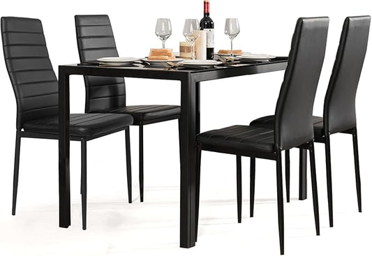 NAFORT Dining Table Set for 4, 48.5" Rectangle Tempered Glass Kitchen Room Table with 4 Black Faux Leather Dining Chairs, Space-Saving Dinner Tables with Metal Frame for Dining Room, Office, Dinette