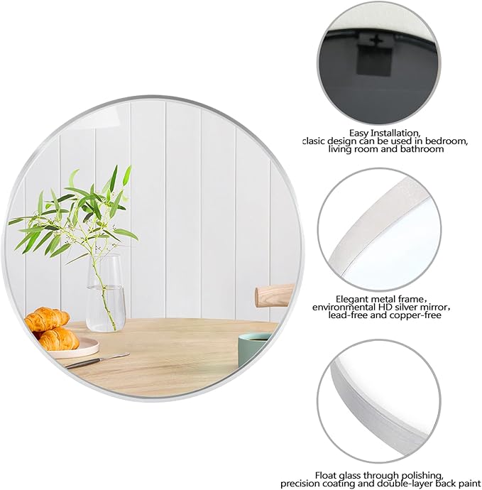 Muzilife 24" Round Mirror, Bathroom Circle Mirror, Silver Wall Mirrors with Modern Brushed Metal Frame, Suitable for Wall Hanging Decoration, Living Room, Bedroom