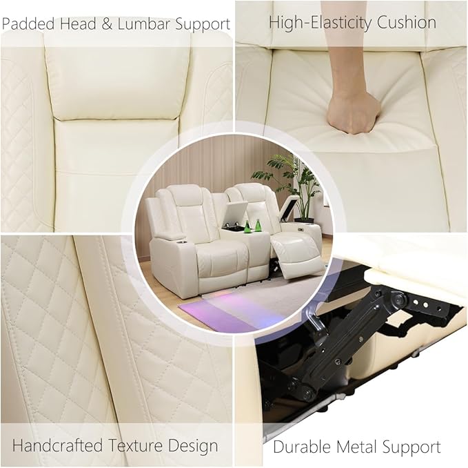 Leather Power Recliner Loveseat with LED Lights, Home Theater Reclining Sofa Loveseat, 2 Seater Reclining Couch with Storage/Cup Holders/USB Port for Living Room/Bedroom/Office, Cream White