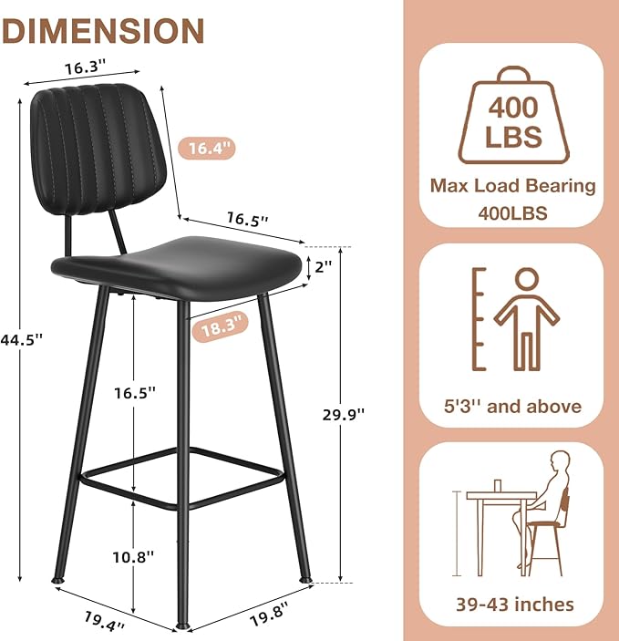 29-Inch Leather Bar Stools Set of 2, Counter Height Barstools with High Backrest，Bar Chairs for Kitchen Island with Heavy Duty Metal Legs, Black