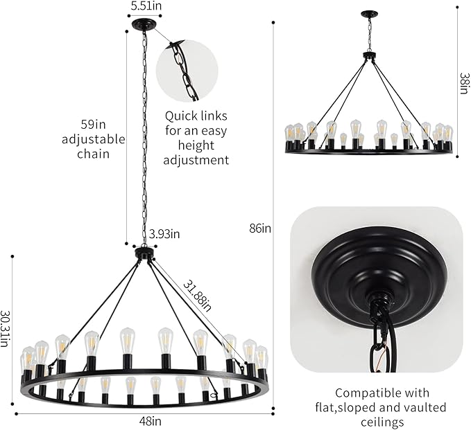 Wagon Wheel Chandelier 24-Light 48-Inch, Black Round Rustic Farmhouse Chandelier Extra Large for High Ceilings, Dining Room, Living Room