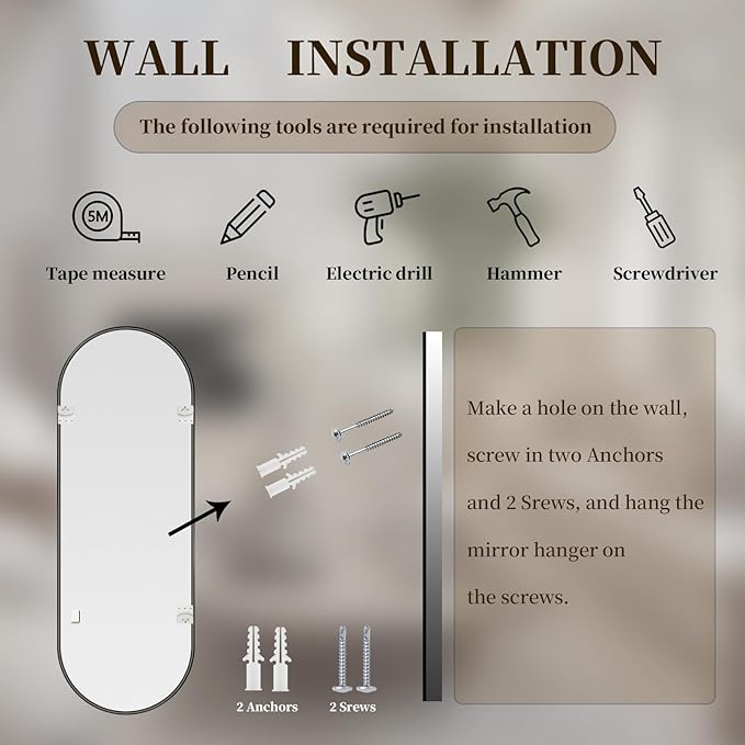 Oval Full Length Mirror, 65"×22" Wall-Mounted Mirror with Metal Frame, Ultra-Clear Explosion-Proof, Simple and Classic Deco for Cloakroom/Bedroom/Living Room, Black